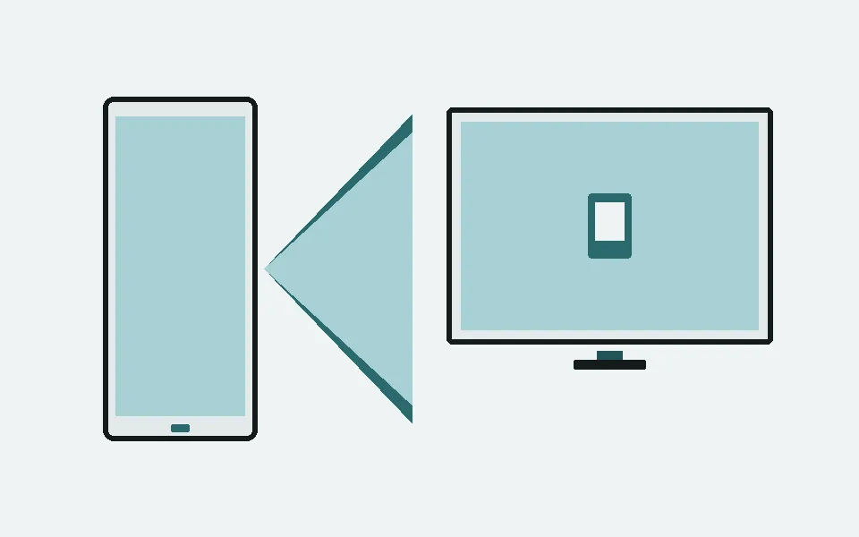 Framed phone-to-desktop cast panel with teal beam on soft paper.